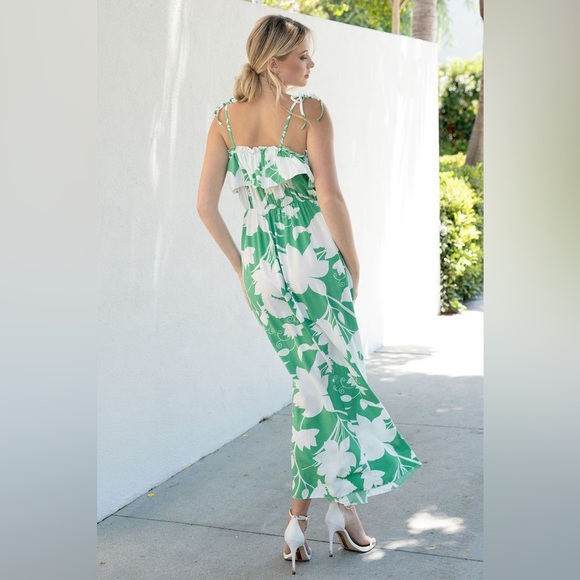 (20590-FLO-LIME) FLORAL PRINT RUFFLE V NECK MAXI DRESS - Picture 3 of 4